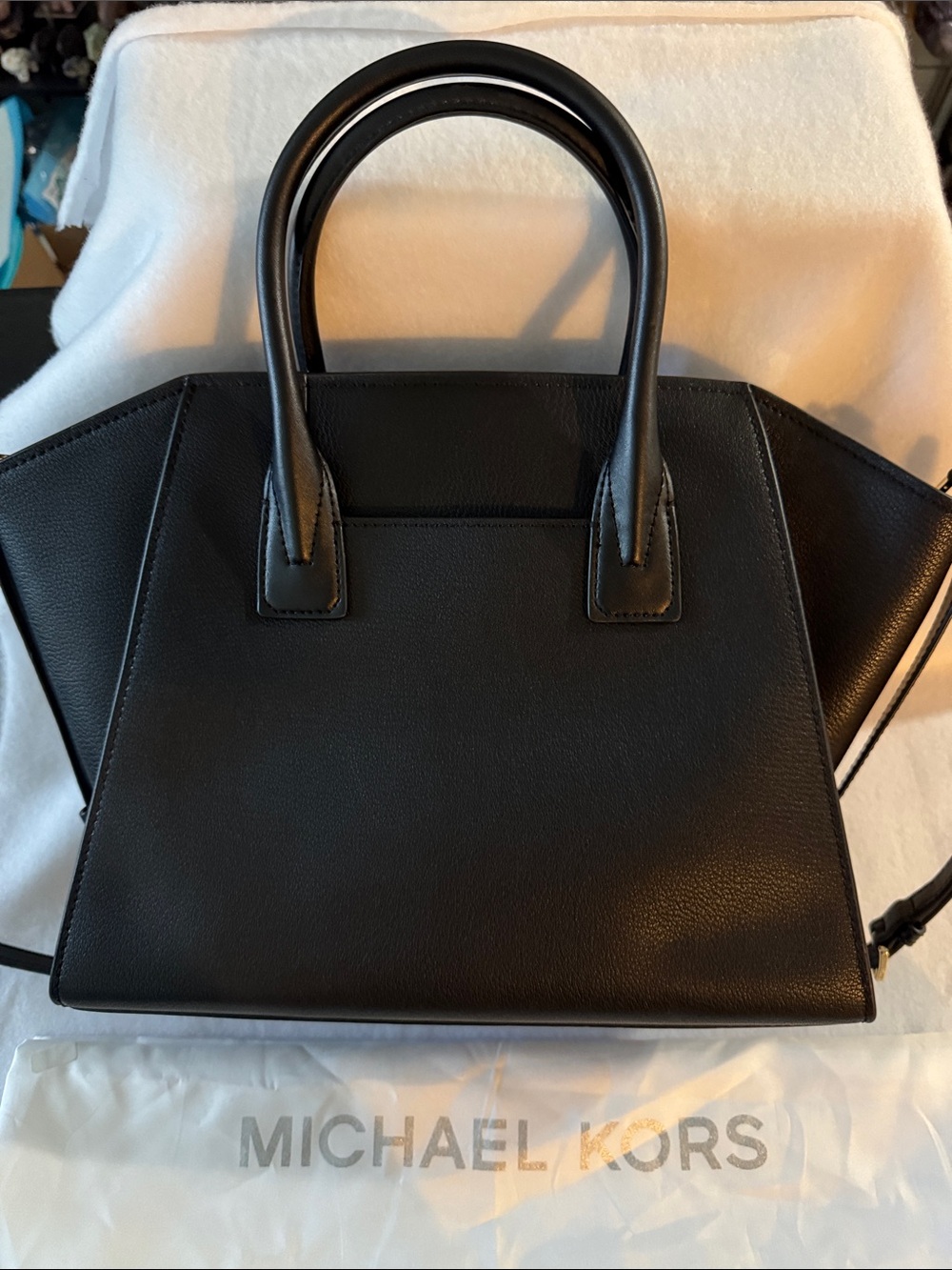 Michael Kors Black Leather Satchel with Gold MK Charm - Picture 2 of 5
